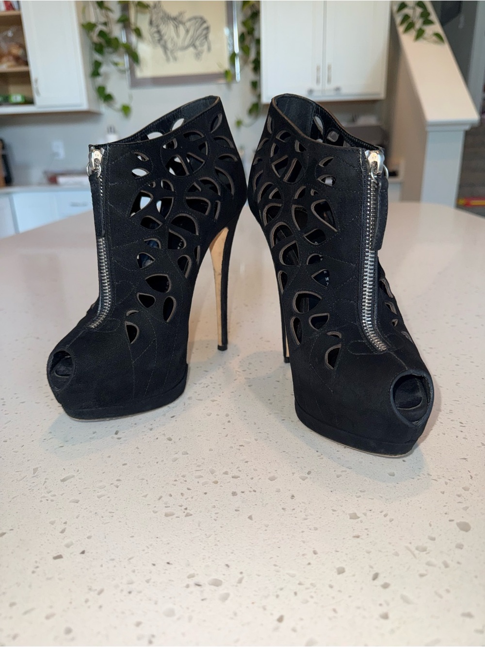 Giuseppe Zanotti Black Laser-Cut Peep-Toe Stiletto Booties with Front Zipper